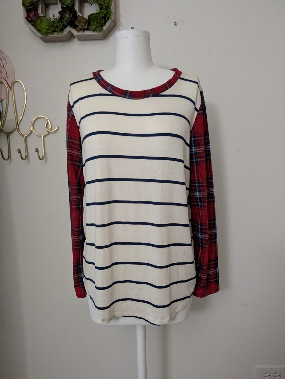 7th Ray striped long sleeve tee with plaid sleeves